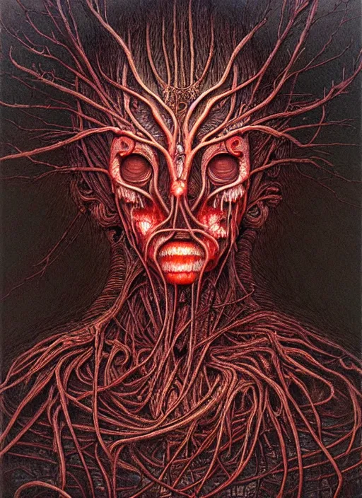 Image similar to a flower blooming insectoid heads, red lake, highly detailed, art by Ayami Kojima, Beksinski, Giger