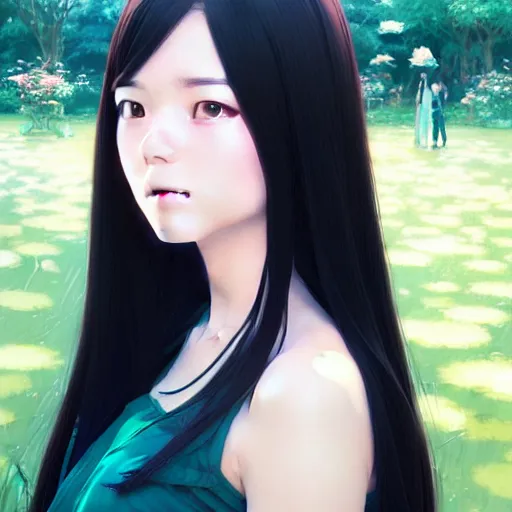 Image similar to a beautiful girl with long black hair, royal garden background, sharp focus, intricate, digital painting, artstation, highly detailed, ambient lighting, portrait by Studio Ghibli, Makoto Shinkai, Rossdraws, artgerm, Ilya Kuvshinov, and Greg Rutkowski