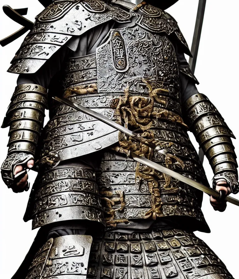 Image similar to detailed photorealistic ancient japanese samurai warrior soldier ⚔ 🪖 ⛩ with traditional japanese engravings and ornamentation on armour and weapons, and shining metallic 3 d surfaces, japanese calligraphy, wide angle, 3 d