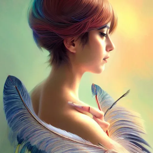 Image similar to 3 / 4 view of a portrait of a woman with feather wings, confident pose, pixie, genshin impact, magical, intricate, elegant, sharp focus, illustration, highly detailed, concept matte, trending on artstation, anime, strong brush stroke, sharp focus, illustration, art station, art by ilya kuvshinov and artgerm h 6 4 0