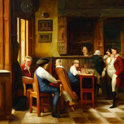 Prompt: English pub, inside, people drinking beer, 1800's, oil painting