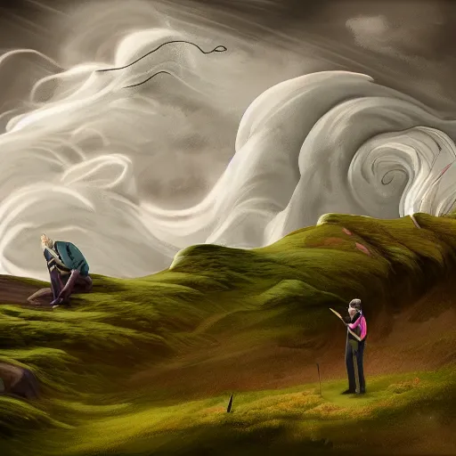 Image similar to a regretful man on a hill and storm is coming, digital painting, futured, ultra detailed