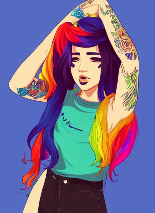 Image similar to a young woman with beautiful rainbow hair and lots of tattoos on her arms and chest. clean cel shaded vector art. shutterstock. behance hd by lois van baarle, artgerm, helen huang, by makoto shinkai and ilya kuvshinov, rossdraws, illustration, art by ilya kuvshinov