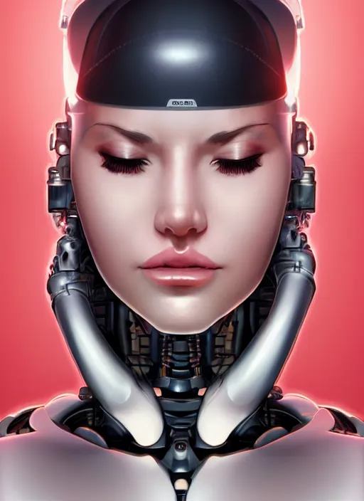 Prompt: portrait of a cyborg woman who turns her head to the ((((((right))))) left+348 (((((up))))) (((((down))))) by Artgerm,eyes closed , biomechanical, hyper detailled, trending on artstation