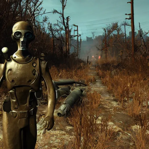 Image similar to Fallout 4 gameplay screenshot, wasteland, Slender Man in the background