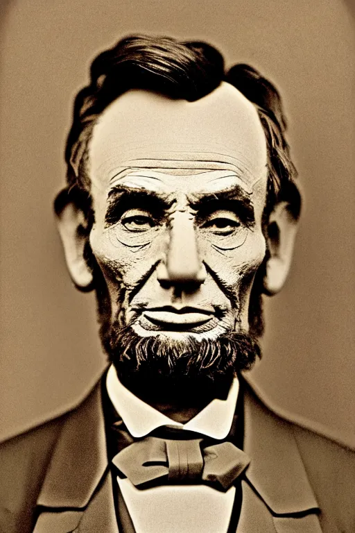 Prompt: abraham lincoln wearing a suit of armor, portrait, full body, symmetrical features, silver iodide, 1 8 8 0 photograph, sepia tone, aged paper, sergio leone, master prime lenses, cinematic