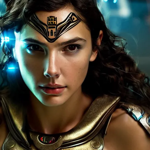 Image similar to beautiful Fine art photo of a young quiet Gal Gadot as a cyberpunk mayan robotic godess, photorealistic, centered, highly detailed and intricate, sun lighting, 8k