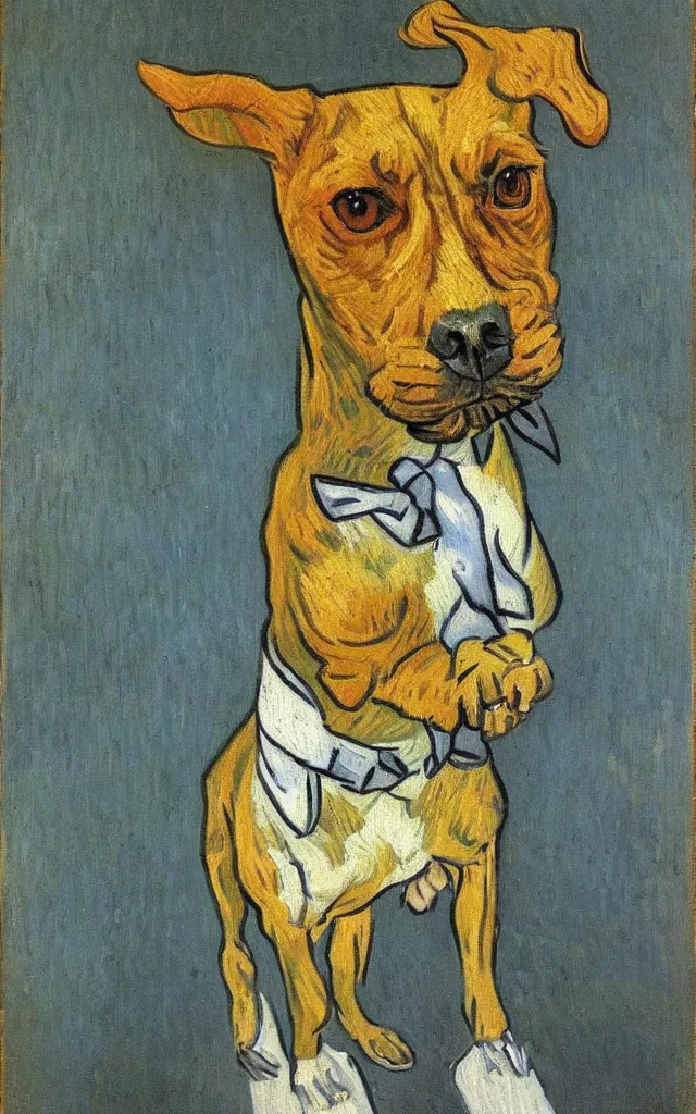 Prompt: a painting by Van Gogh of a dog wearing a suit, dramatic lighting