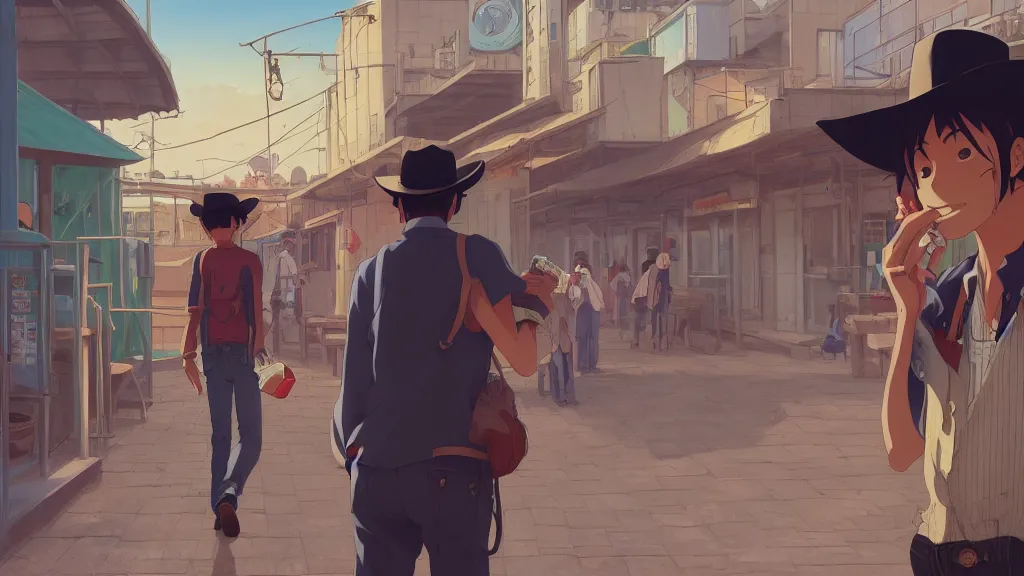 Image similar to anime illustration of illustration of a mexican man,, with one small, dirt, wild west, with hat, drinking a beer at train station, by makoto shinkai, ilya kuvshinov, lois van baarle, rossdraws, basquiat, studio ghibli, global illumination ray tracing hdr