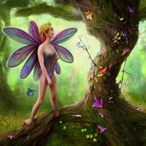 Image similar to a male fairy and a female fairy turn into a tree, highly detailed, digital painting, sharp focus, fantasy art, ultra realistic, 4 k