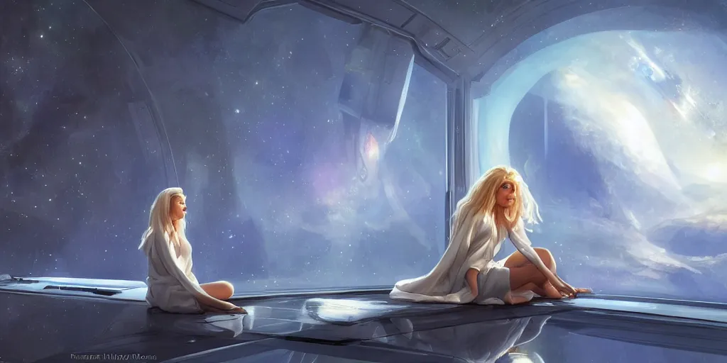 Image similar to pretty woman with blond hair and flowing white robes, sitting sad in spaceship, gazing at view of galaxy in space through a window, by jim burns, peter andrew jones, michael hutter, sharp digital painting. dreaming latent space. matte painting, concept art. artstation. digital render.