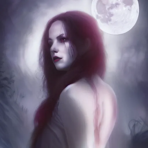 Image similar to Riveting Charismatic female vampire Pandora, portrait, atmospheric lighting, painted, intricate, Highgate cemetery, volumetric lighting, beautiful, moon light, sharp focus, ultra detailed, by Leesha Hannigan, Ross Tran, Thierry Doizon, Kai Carpenter, Ignacio Fernández Ríos