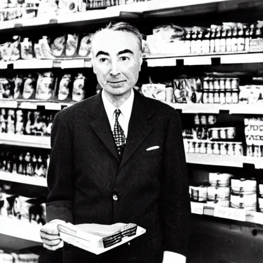Prompt: photo of robert oppenheimer in the grocery store