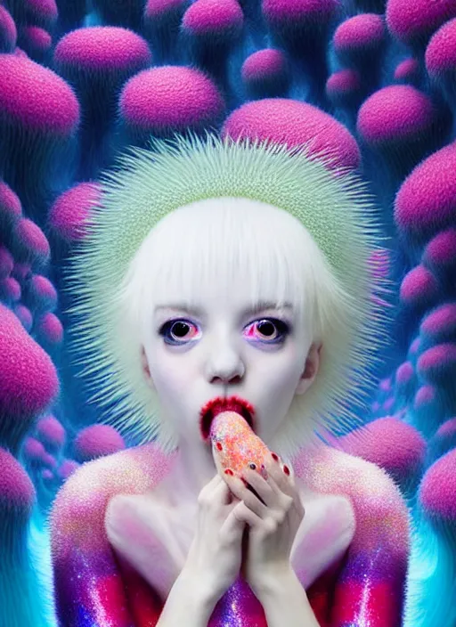 Image similar to hyper detailed 3d render like a Oil painting - kawaii portrait Aurora (white haired Singer Ferret) seen Eating of the Strangling network of yellowcake aerochrome and milky Fruit and Her delicate Hands hold of gossamer polyp blossoms bring iridescent fungal flowers whose spores black the foolish stars by Jacek Yerka, Mariusz Lewandowski, Houdini algorithmic generative render, Abstract brush strokes, Masterpiece, Edward Hopper and James Gilleard, Zdzislaw Beksinski, Mark Ryden, Wolfgang Lettl, hints of Yayoi Kasuma, octane render, 8k