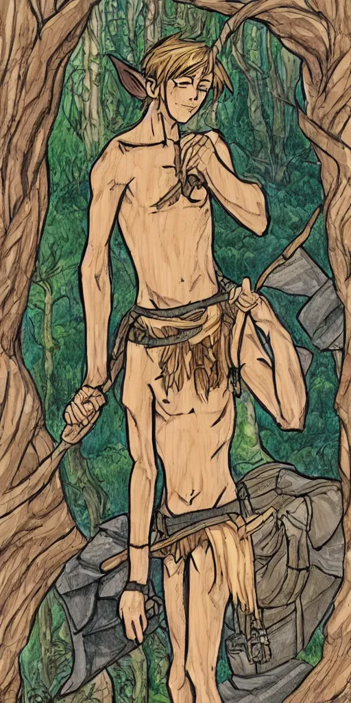 Image similar to an wood elf boy getting ready for an high fantasy adventure on the mountain side, anime style, tarot card, Tarot card the fool, fine line work, psychedelic