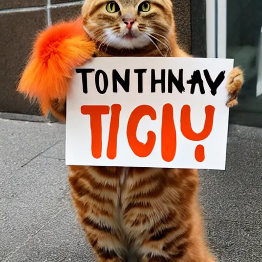 Image similar to cat tabby orange fluffy holding a sign that says