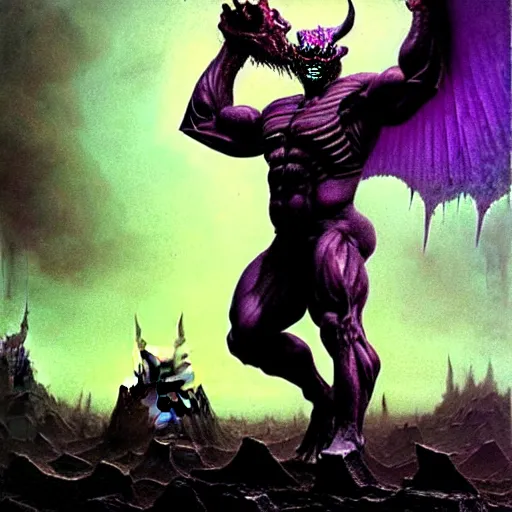 Prompt: demon with purple chestplate and black armor, muscles, balrog, beksinski