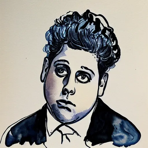 Image similar to jonah hill, stylized. Watercolor and ink. 1960s.