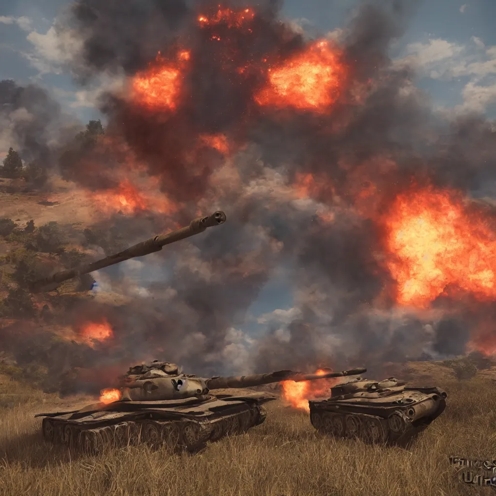 Prompt: world war 2 tank on the battlefield, fiery explosion, wispy smoke, wide shot, unreal engine