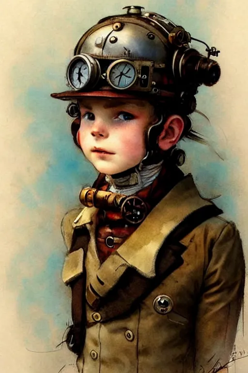 Prompt: ( ( ( ( ( 2 0 5 0 s retro future 1 0 year old adventurer in steampunk costume full portrait. muted colors. ) ) ) ) ) by jean - baptiste monge!!!!!!!!!!!!!!!!!!!!!!!!!!!!!!