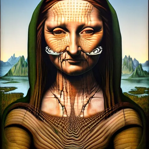 Image similar to monalisa by jacek yerka, alex gray, zdzisław beksiński, dariusz zawadzki, jeffrey smith and h.r. giger, oil on canvas, 8k highly professionally detailed, trending on artstation