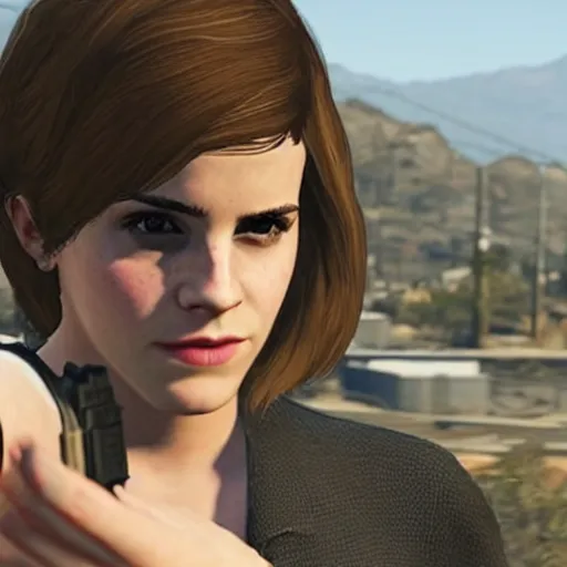 Image similar to Screenshot of Emma Watson holding a pistol in GTA 5