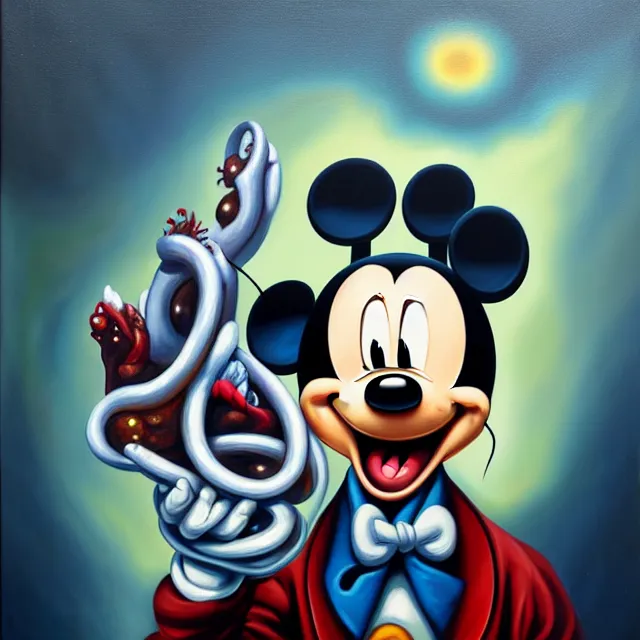 Image similar to an oil on canvas portrait painting of mickey mouse, polycount, surrealism, surrealist, lovecraftian, cosmic horror, high detail