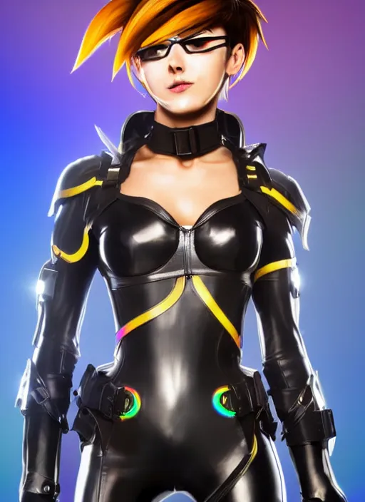 Image similar to full body digital artwork of tracer overwatch, wearing black iridescent rainbow latex, 4 k, expressive happy smug expression, makeup, in style of mark arian, wearing detailed black leather collar, wearing sleek armor, black leather harness, expressive detailed face and eyes,