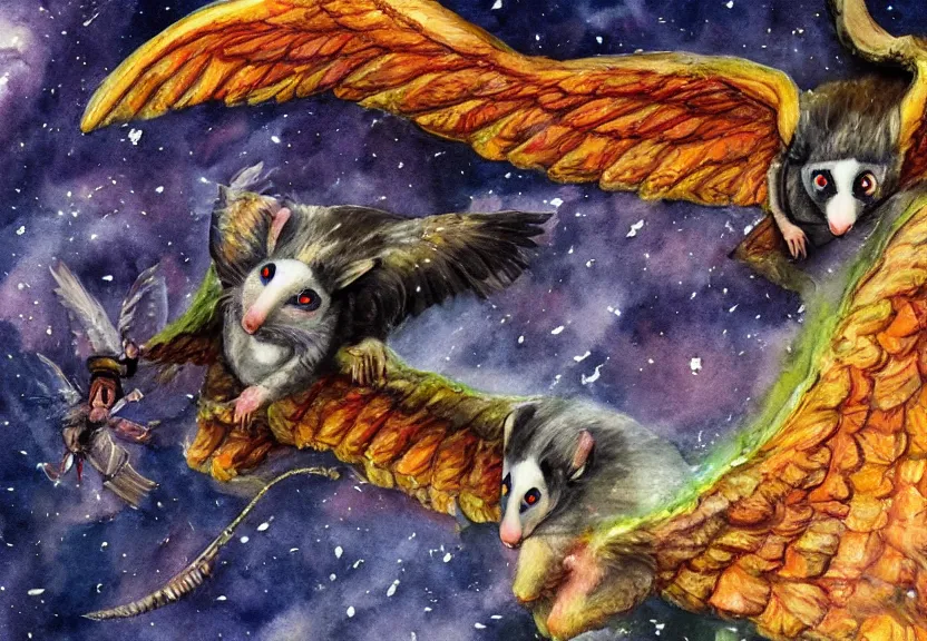 Image similar to legendary colorful winged possum flying over a medieval castle under a dark starred sky, dark fantasy, watercolor, dreaming illusion, highly detailed, 4k, trending on Artstation, award-winning