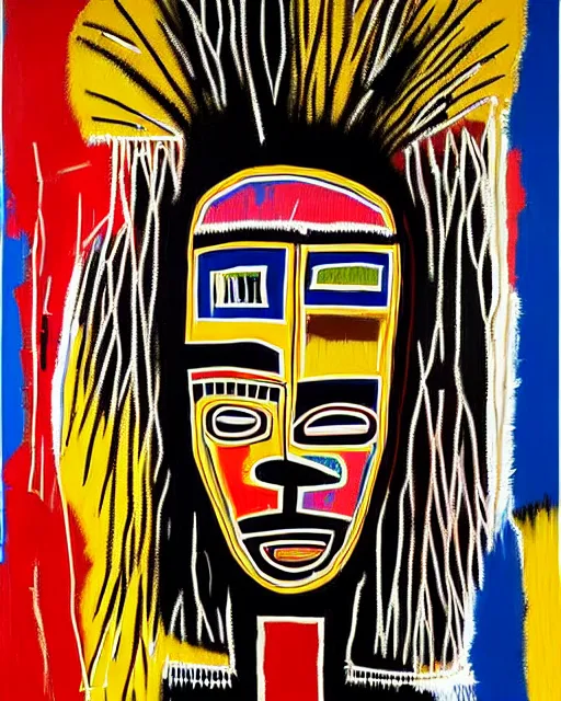 Prompt: A extremely highly detailed majestic hi-res beautiful immaculate award winning stunning painting masterpiece of a african mask by Jean-Michel Basquiat, 8k, high textures, hyper sharp, insanely detailed and intricate, super detailed, 8k HDR high quality
