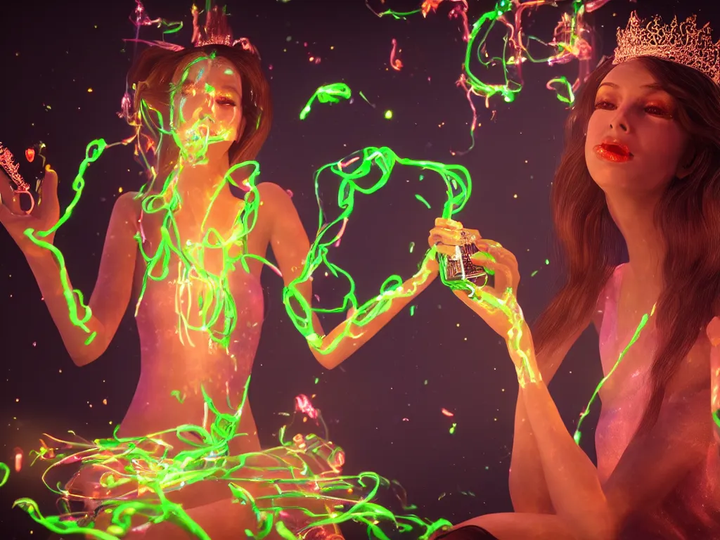 Image similar to a hyperrealistic portrait render of a beauty queen opening a bottle of glowing worms and drinking fluorescent liquid in the cosmos, unreal engine 8k