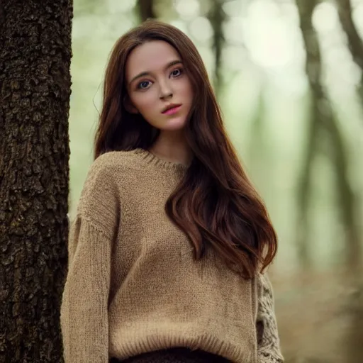 Prompt: real life photo of a beautiful girl, full body photoshoot, long brown hair, brown eyes, full round face, short smile, sweater, forest setting, cinematic lightning, medium shot, mid - shot, highly detailed, trending on artstation, unreal engine 4 k, 8 0 mm, 8 5 mm, cinematic wallpaper