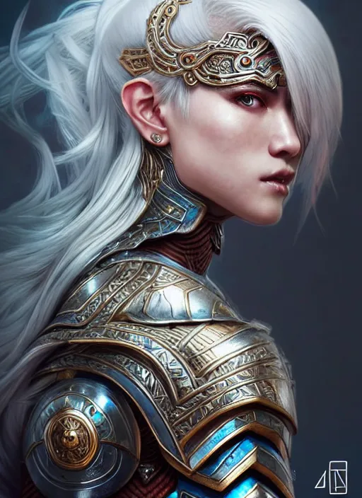 Image similar to warrior, intricate ornate opal heavy armor!!! beautiful and athletic white hair female!! gorgeous face and eyes!! character concept art, sharp focus, octane render! unreal engine 5! highly rendered!! trending on artstation!! detailed linework!! illustration by artgerm, wlop, and chie yoshii