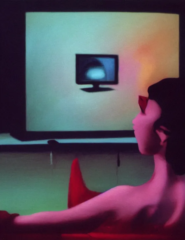 Image similar to woman playing computer games on tv in dark room, redshift, wide shot, coloured polaroid photograph, pastel, kodak film, hyper real, stunning moody cinematography, by maripol, fallen angels by wong kar - wai, style of suspiria and neon demon, david hockney, detailed, oil on canvas