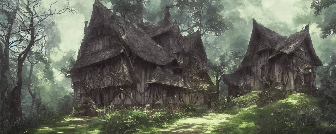 Image similar to a witches house nestled between the lush forest, trending on pixiv fanbox, painted by greg rutkowski makoto shinkai takashi takeuchi studio ghibli, eugene von guerard, ivan shishkin, john singer sargent