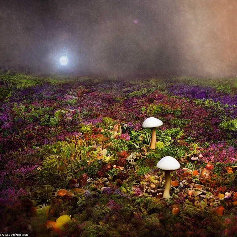 Image similar to a planet of various fungus, mushrooms, flowers and plants, inside the picture is infinity, Atmospheric, artistic photography, conceptual, long exposure outside the city, volumetric light