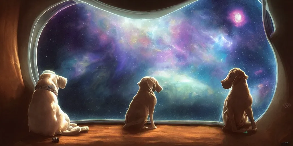 Image similar to dog, sitting sad in spaceship, gazing at view of galaxy in space through a window, by jim burns, peter andrew jones, michael hutter, sharp digital painting. dreaming latent space. matte painting, concept art. artstation. digital render.