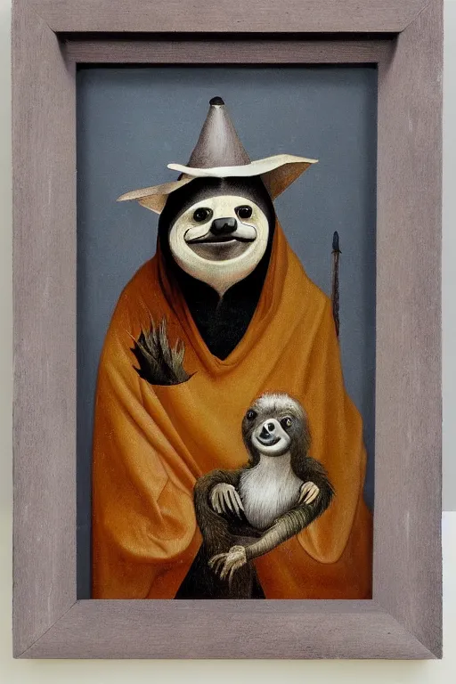 Prompt: silly hieronymus bosch creature. framed oil painting portrait of a sloth man with a silly hat and fancy felt robes. muted colour palette. negative space