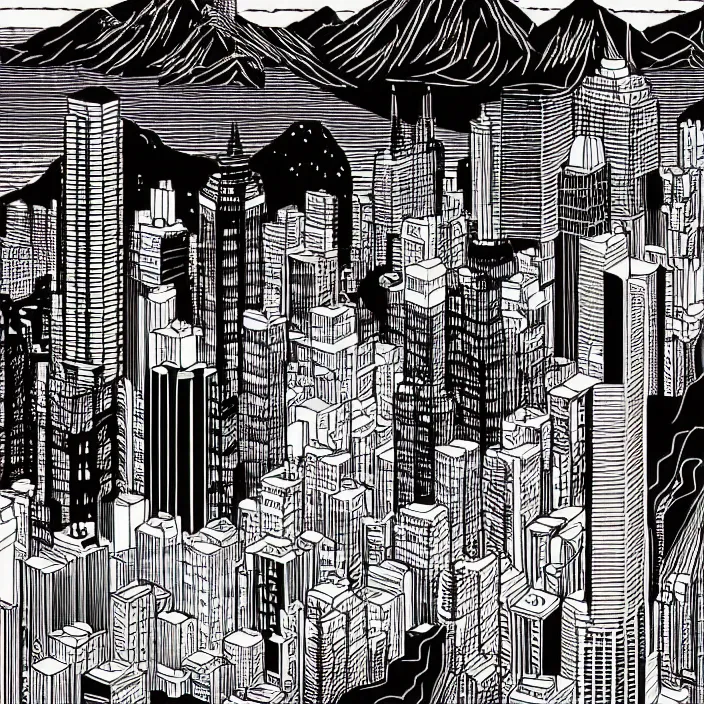 Prompt: cityscape surrounded by mountains by dan mumford and peter doig and edward hopper, symmetrical, minimal, black ink, thick lines highly detailed, muted colours 8 k