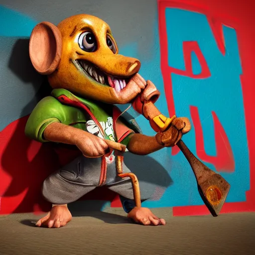 Image similar to graffiti art of a rat showing his teeth and holding a hammer in one hand and a sickle in the other hand. Highly detailed, octane Render, 4K