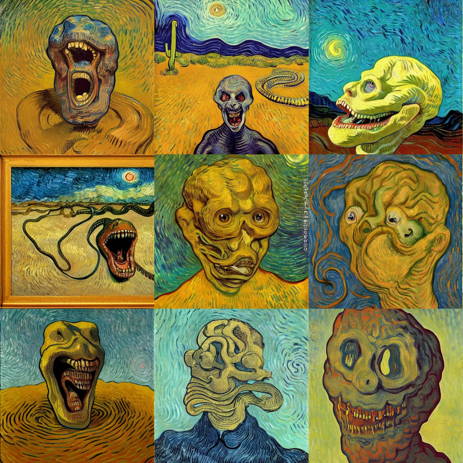 Prompt: A disembodied head screaming, the top half is missing and the brain is visible, snakes slither from the opening, desert background, oil painting, surrealism art, painted by Vincent van Gogh