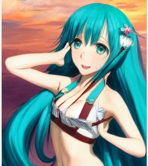 Prompt: Anime art very beautiful Hatsune miku by Gil Elvgren, Vladimir Volegov, Earl Moran, Enoch Bolles, symmetrical shoulders, summer