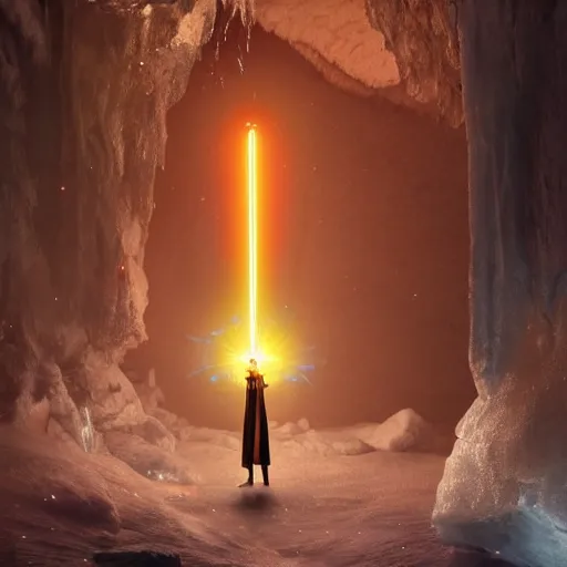 Prompt: Ewan McGregor wearing a monks tunic, holding a small glowing red magical wand with electrical bolts emitting from it. In a cave made of ice. Trending on Artstation, octane render, ultra detailed, art by Ross tran