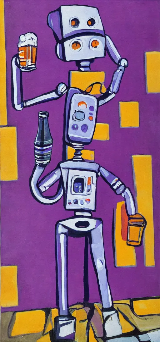 Prompt: purple robot holding a beer in the streets, azimov, painting