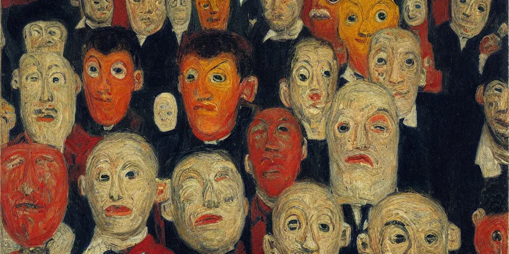 Image similar to self portrait with masks. james ensor. ( 1 8 9 8 ) oil on canvas