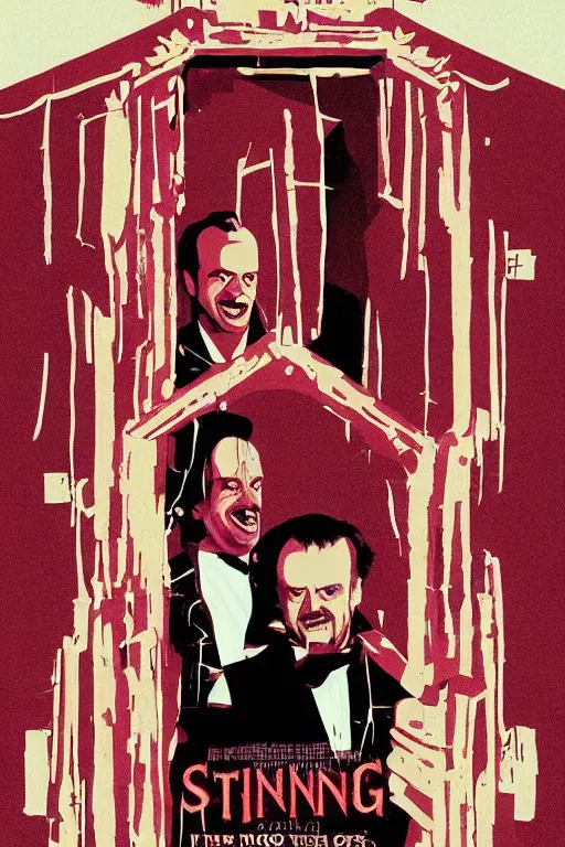 Prompt: a movie poster for the film the shining featuring a large portrait of jack nicholson's face and a fireaxe in the style of wes anderson's the grand budapest hotel.