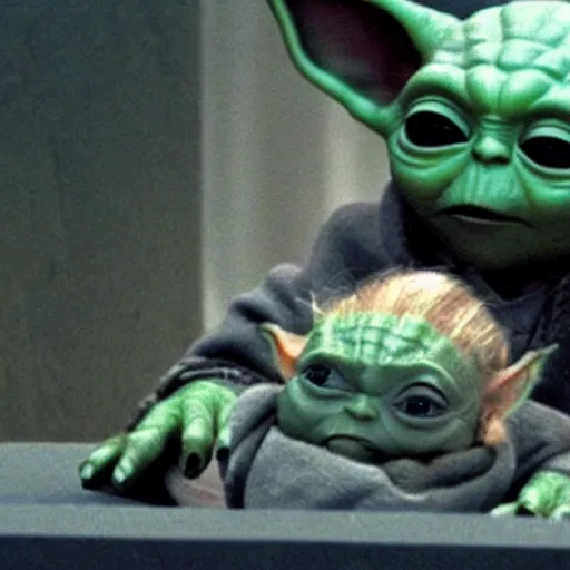 Image similar to a film still of baby yoda's son at his funeral in star wars realistic, detailed