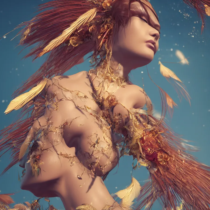 Image similar to closeup photoshoot of single asian goddess of bliss and honey, feathers hair, silk flowing in wind, totemic ritualistic tarot sigils embedded in ruby skin, photoreal, unreal engine, redshift render, trending on artstation