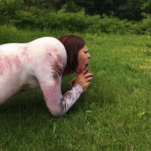 Prompt: photo of woman suckling on cow udder