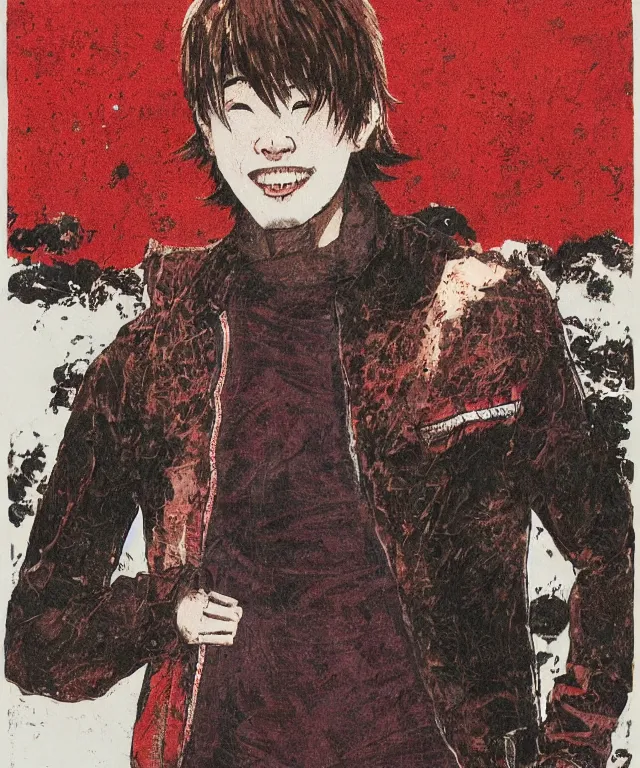 Prompt: a half - body portrait of a happy teenage japanese man, his hair is messy and unkempt, he is wearing an embroidered red leather jacket, dynamic background, a masterful illustration by otomo katsuhiro and terada katsuya, realistic proportions!!, correct anatomy!!, high camera angle!!